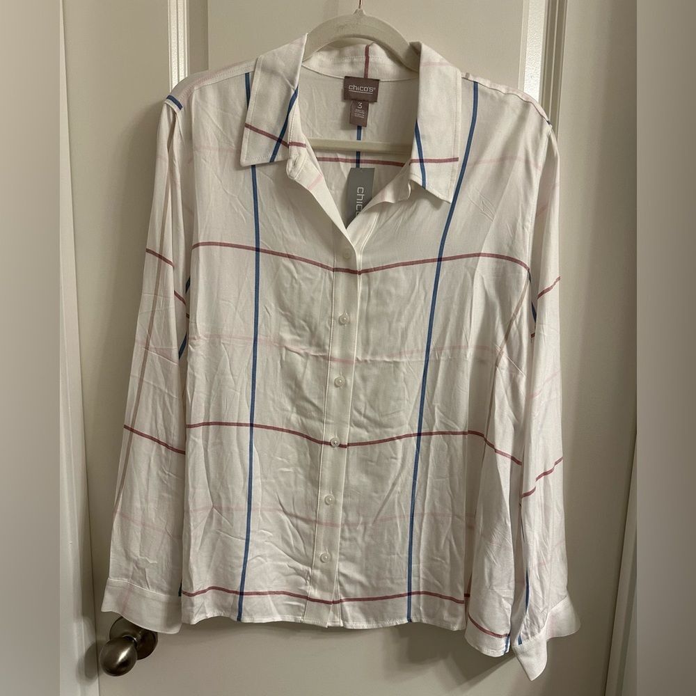 Chico’s Stripes Button Down Collared Shirt Size 3 Long Sleeve Color White